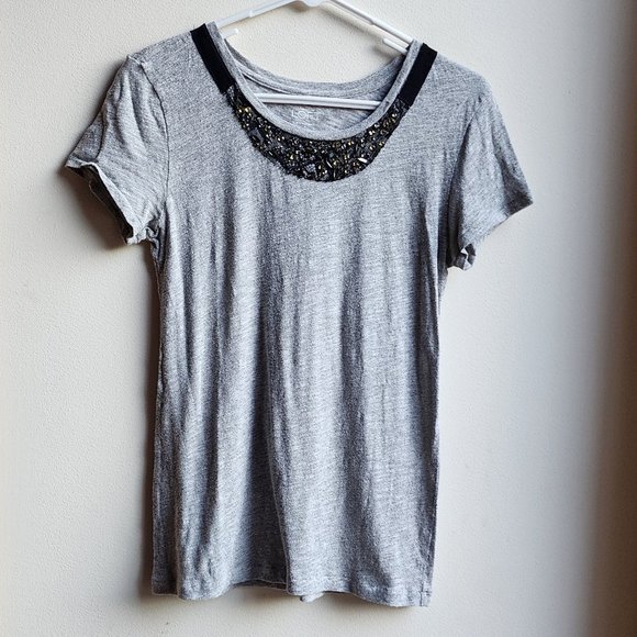 LOFT Gray Short Sleeve Jersey With Jeweled Neckline Size Small - Picture 5 of 15